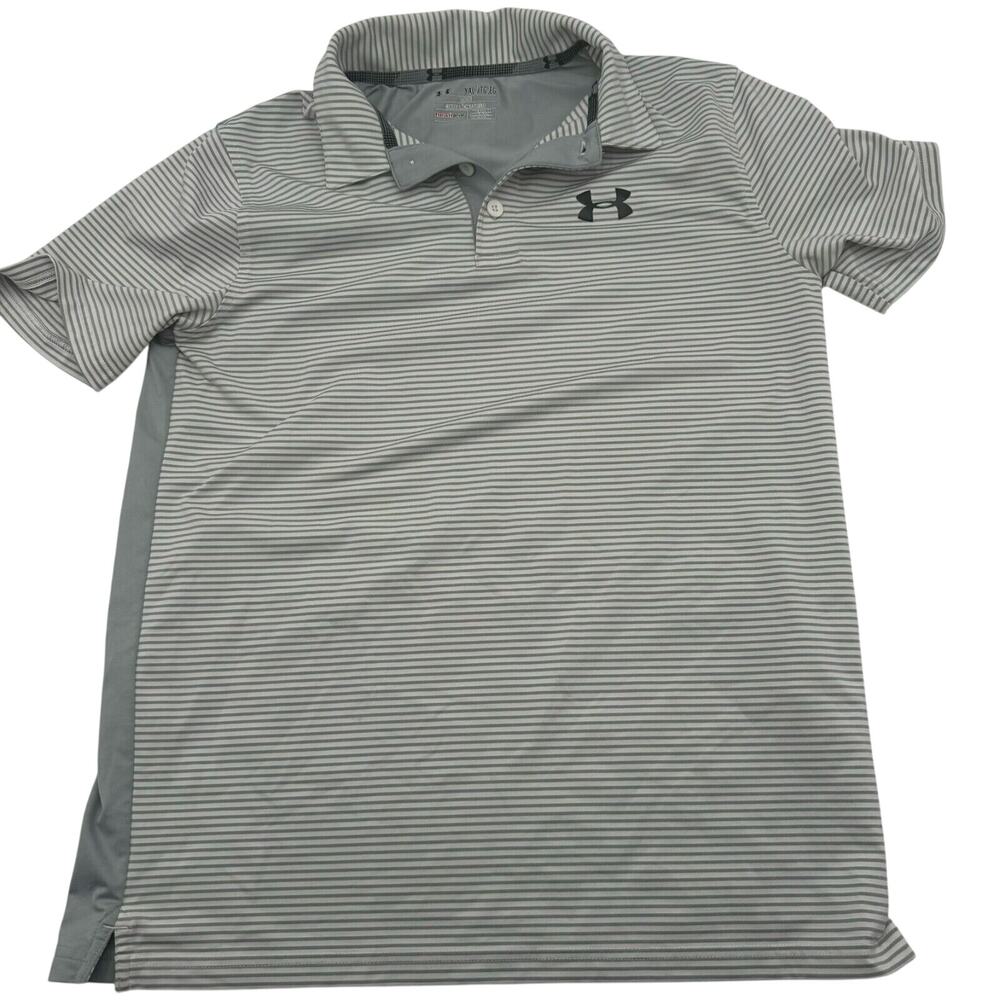 UNDER ARMOUR YXL Heat Gear loose golf polo shirt white gray stripes boys girls